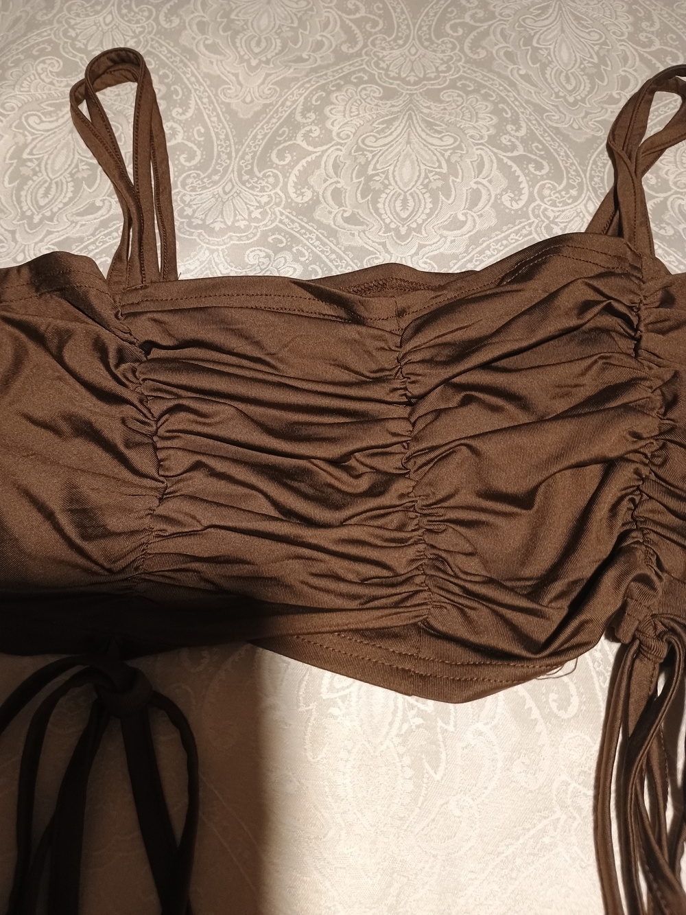 Ruched Brown Crop Tank Top with Adjustable Side Ties